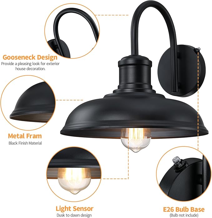 12'' Diameter Large Dusk to Dawn Outdoor Gooseneck Barn Light 2-Pack Outdoor Wall Sconce Farmhouse Exterior Light Wall Lighting Fixture Industrial Black Wall Lantern for Porch Garage Black