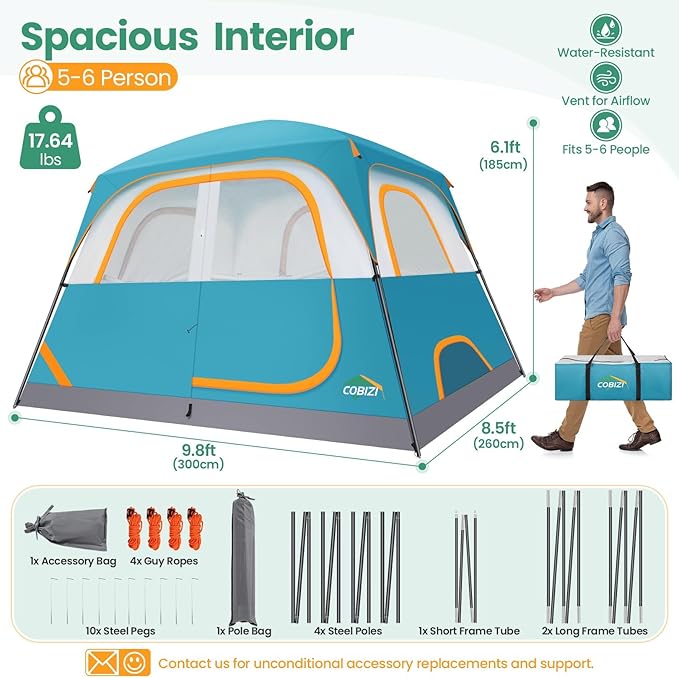 Cobizi 6 Person Camping Tent Easy Setup Family Camping Tent with Removable Rainfly Waterproof Windproof Backpacking Tents Portable Outdoor Tents for Camping Travel Fishing Hiking(Blue)