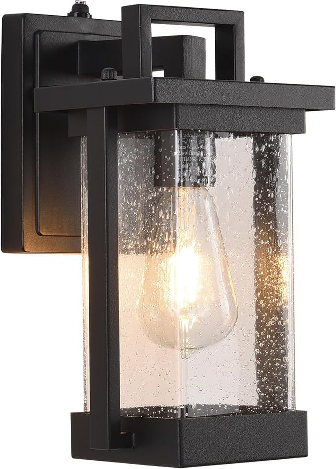 Outdoor Wall Lights Black Exterior Lighting Fixtures Waterproof Outdoor Wall Sconce with Seeded Glass Modern Dusk to Dawn Outdoor Light Fixtures Wall Mount for Porch Garage Patio 2-Pack