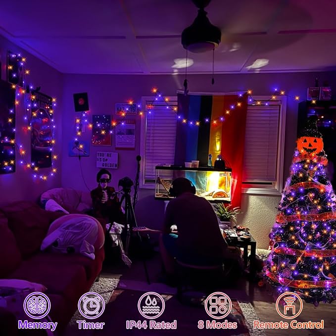 YEGUO Halloween Lights Battery Operated 2 Pack Each 33ft 100 LED Orange and Purple String Lights Outdoor Waterproof Green Wire Fairy Christmas Light Indoor with Remote
