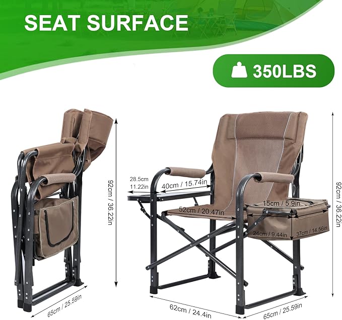 YOXIER Portable Camping Chairs Fishing Chair Camping Directors Chair Supports Up to 350lbsor Adults Leg Adjustable with Cooler Bag and Storage Bag for Ice Fishing Camp Lawn Patio Garden.Brown