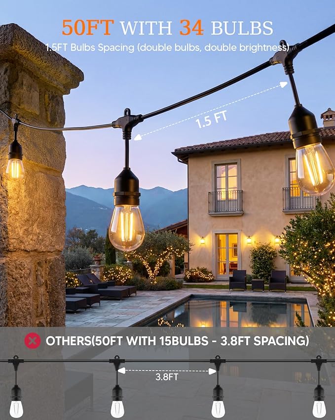 50FT S14 Outdoor String Lights 32+2 Shatterproof Bulbs 2W 1.5FT Spacing IP65 Waterproof| Dimmable with Remote Heavy-Duty Include Screw &amp Zip Ties for Patio Backyard Holiday Outside