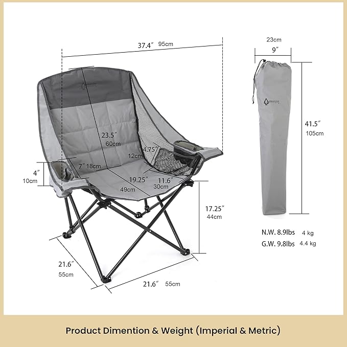 ARROWHEAD OUTDOOR Oversized Folding Camp Chair w/Adjustable Double Sized Cup Holder Mesh Sides Inner Pockets Carry Bag 300 LBS Weight Capacity