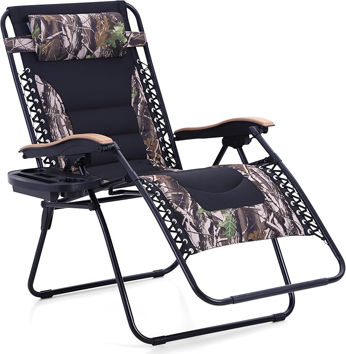 PHI VILLA XXL Oversized Padded Zero Gravity Chair Foldable Patio Recliner 30 Wide Seat Anti Gravity Lounger with Cup Holder Support 400 LBS (Camouflage)