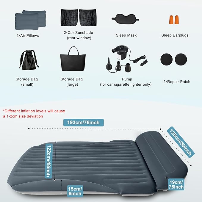 SUV Air Mattress Double-Sided Thick Flocked Car Air Mattress with Built-in Pump &amp Pillow Complete Sleeping Accessories for Auto Camping &amp Road Trips（Dark Gray）