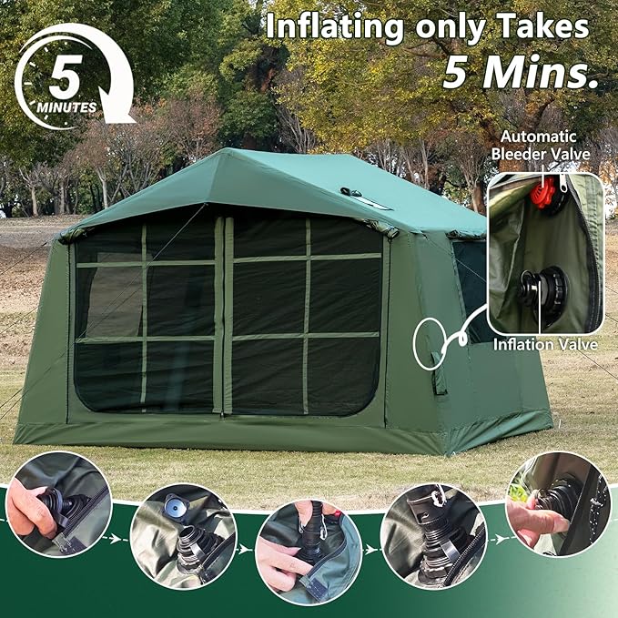 Inflatable Camping Tent with Hand Pump Waterproof Outdoor Blow up Tent 2-8 Person Oxford 4 Season Glamping Air Tent Cabin House with Mesh Windows &amp Door