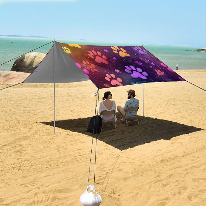 ALAZA Colorful Paw Print Stars Beach Tent Sun Shelter UPF50+ Protection Beach Shade Canopy w/ 4 Sandbags for Outdoor Camping Fishing Backyard Fun Picnic 10x9 ft