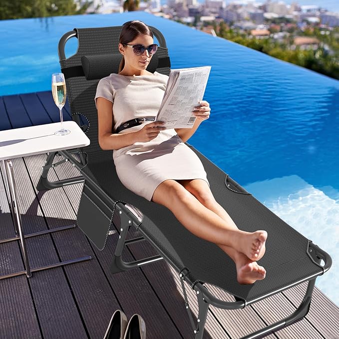 ABORON 5 Positions Camping Cots for AdultsOutdoor Folding Sleeping Cot/MatFolding Chaise Lounge Chair with PillowPortable Reclining Chair for Beach Lawn Camping PoolSunbathing Chairs