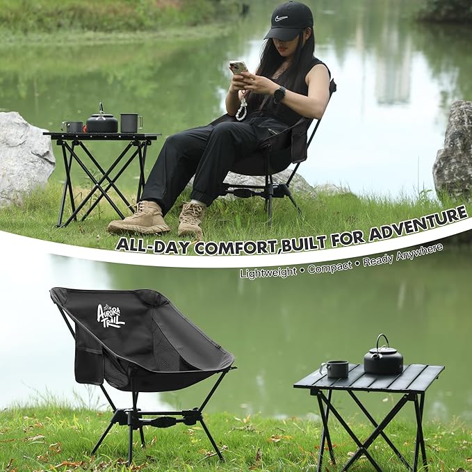 AuroraTrail Ultralight Backpacking Camping Chair – Only 2.7 lb Supports 330 lb Compact Folding Outdoor Seat with Carry Bag 7075 Aluminum Frame for Hiking Camping &amp Festivals (Black)