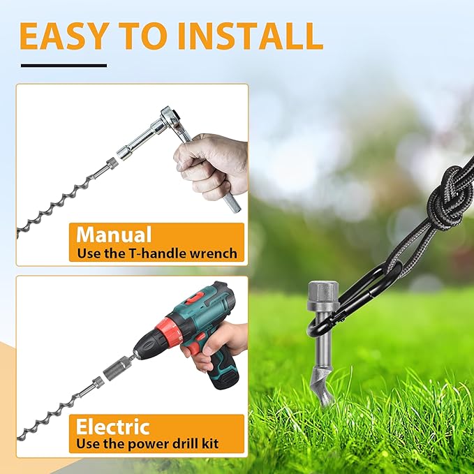 11.5 Ground Anchors Screw-in 4-Pack Heavy Duty Tent Stakes with Carabiners and Power Nut Driver Drill Bit Steel Earth Anchors for Camping Tents Swing Sets Securing Animals Sheds and Trampolines