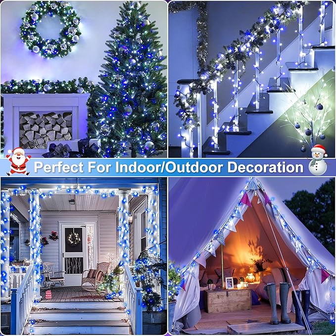 Blue and White Christmas Lights Outdoor 100FT 300 LED Christmas Tree Lights with 8 Modes Waterproof Connectable Green Wire String Twinkle Lights for Indoor Patio Garden Xmas Party Decorations