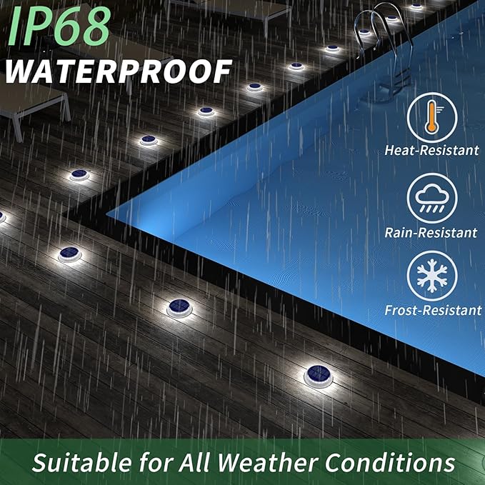 Solar Deck Lights Outdoor Waterproof 6 Pack White Round Deck Lights Solar Powered Flat Stick on Ground Disc Light for Outdoor Pathway Driveway Step Yard Dock Walkway Patio