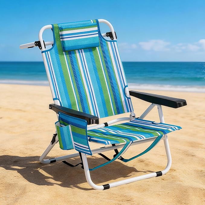 Beach Chair for AdultsPortable 5 Position Backpack Beach Chair Reclining Lay Flat Lightweight Folding Camping Chair w/Large Cooler PouchSupport to 350LBSBlue Low Hight