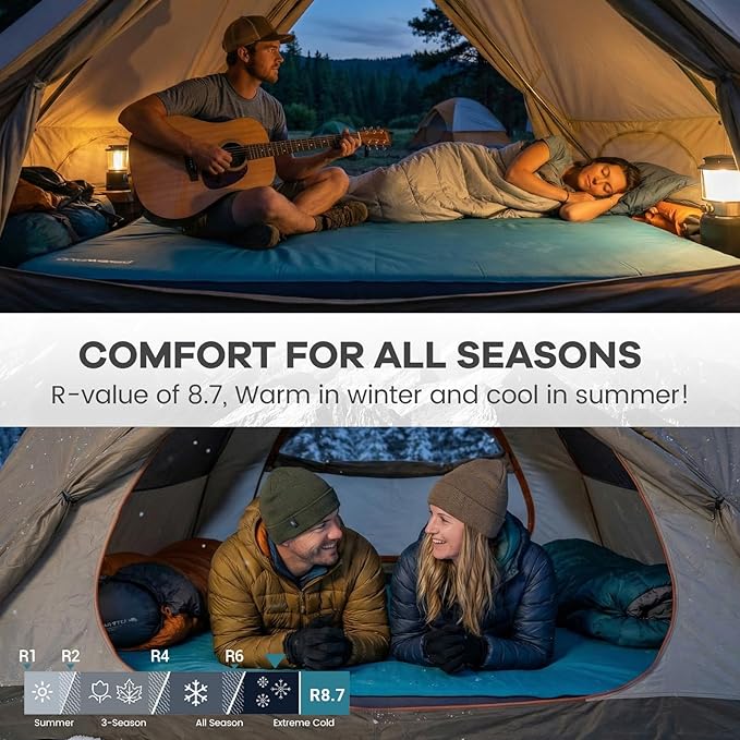 FUNDANGO 4'' Thick Self Inflating Sleeping Pad with Foam 8.7 R Value XL Double Mattress Outdoor Portable Camping Air Mat for Tent Car or Home