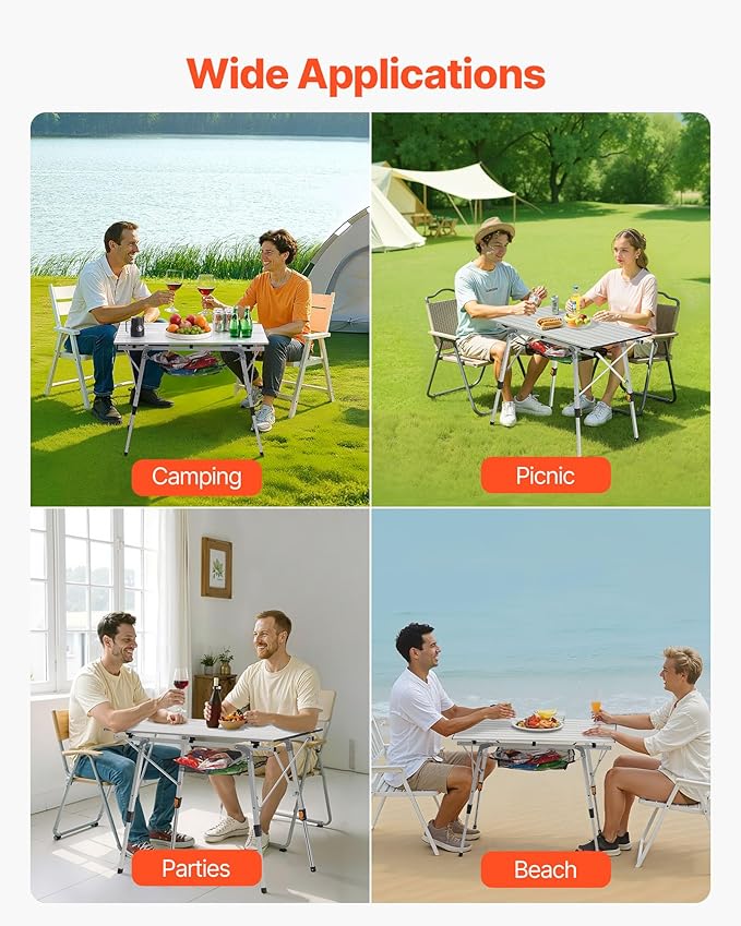 VEVOR Folding Camping Table Portable Roll Up Side Tables Lightweight Aluminum Beach Table for Outdoor BBQ Tailgating Picnic Travel (35 inch-Silver)