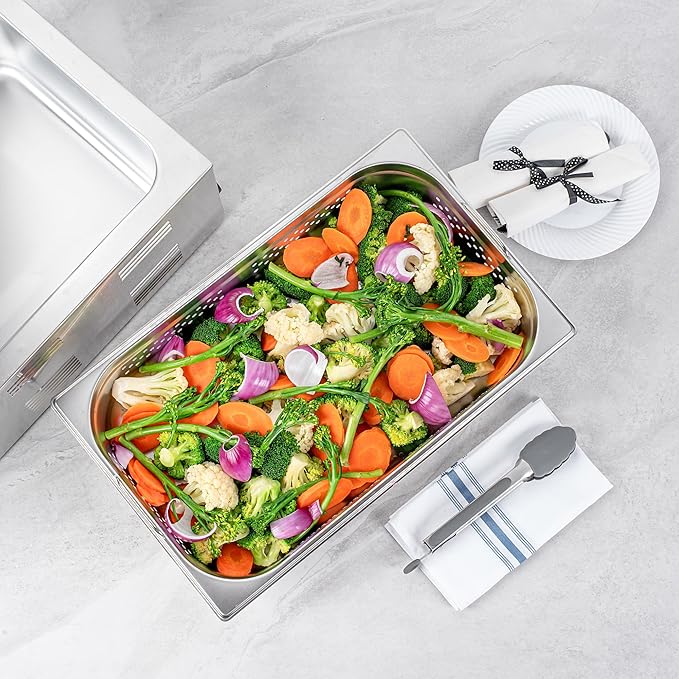 Restaurantware Perforated Steam Table Pan - Full Size - 4 Deep - Collapsible Handles - Anti Jam - Commercial Grade Stainless Steel - 1ct Box - Met Lux