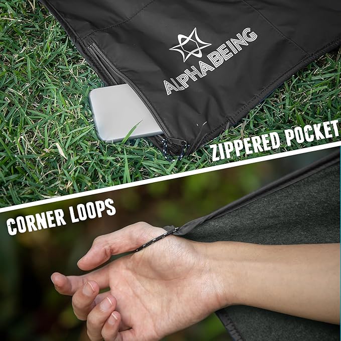 AlphaBeing Waterproof Outdoor Blanket with Merino Wool Extra Thick Warm Windproof Packable Stadium Blankets for Cold Weather Camping Gift Pet Car Picnic Concerts 79 x 59 Black/Gray