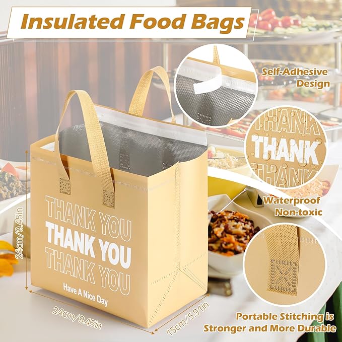 Aliceset 80 Pcs Thank You Insulated Bags for Food Delivery Bulk 9.5 x 9.5 x 6 Inch Thermal Insulation Bag for Cold and Hot Food for Travel Pizza Coffee Milk Catering Restaurant Picnic (Kraft)
