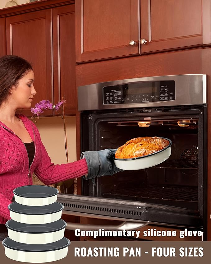 Enamel Round Roasting Pan Set Baking Dish 4-Pack 9/10/12/14 Inch High Temperature Resistance Bakeware for Pizza Chicken Oven Dishwasher Safe Valentine Mother's Day Gift for Wife &amp Mom Cake Pan