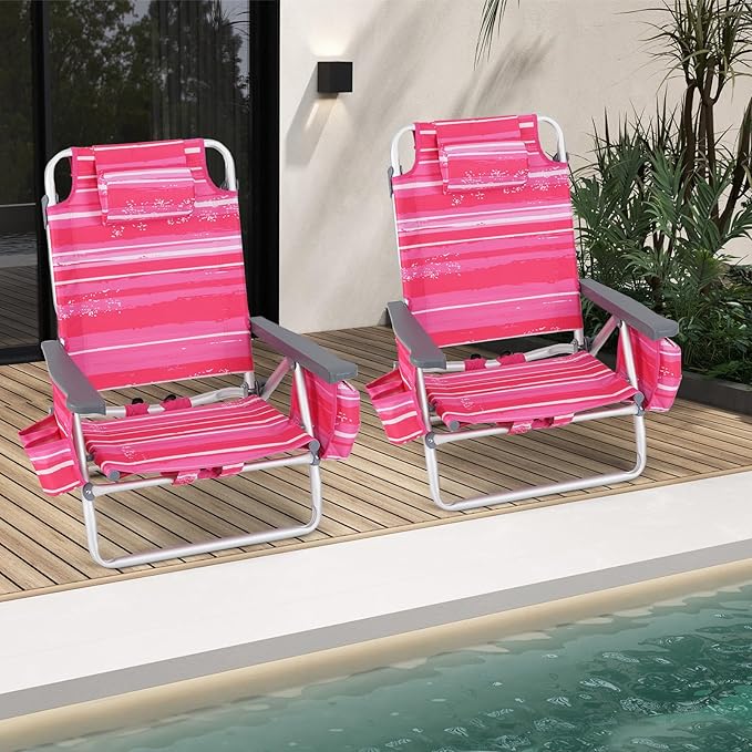 Goplus Beach Chair Folding Backpack Beach Chairs for Adults with 5 Positions Head Pillow Cooler Bag Towel Bar Cup Holders Sunbath Sling Tanning Lounge Foldable Layout Camping Chairs