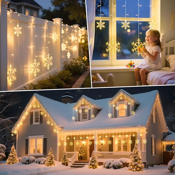 Minetom Christmas Snowflake Lights - 13ft 192LED Snowflake Icicle Lights with 16 Drops 12 Modes and Timer IP65 Waterproof Connectable Christmas Light for House Eave Indoor Outdoor (Warm White)