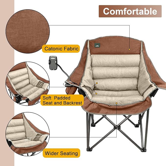 Northroad Oversized XL Padded Camping Chair w/Cell Phone Holder Large Camp Chair Foldable Lawn Chair w/Cup HolderCarry Bag for Outdoor Hiking Picnics Heavy-Duty 400-lbs Capacity Moca