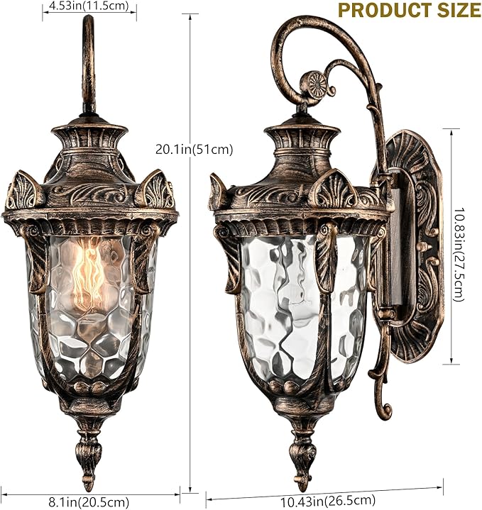 SAMTEEN Outdoor Wall Light Fixtures Bronze 20.1 Exterior Wall Lantern Sconce with Hammered Glass Shade Waterproof Porch Lights Wall Mount Outside Lights for Patio Front Door Garage House
