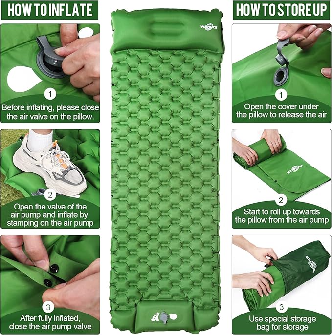 WANNTS Sleeping Pad Ultralight Inflatable Sleeping Pad for Camping Built-in Pump Ultimate for Camping Hiking - Airpad Carry Bag Repair Kit - Compact &amp Lightweight Camping Pad(Green)
