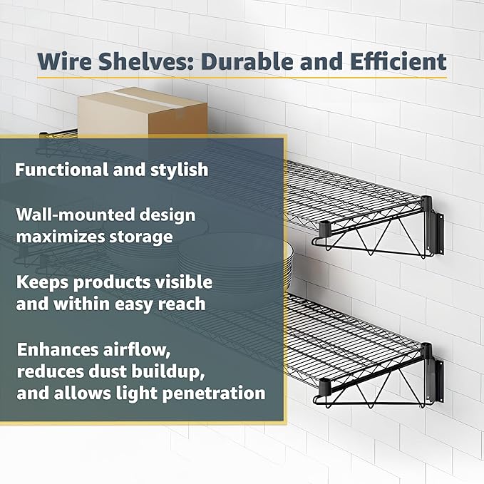 18 x 48 Wire Black Epoxy Wall Mount Shelf Commercial Fixed Wall Mount Rack NSF Metal Floating Shelving for Kitchen Stock Rooms Home and Hotel