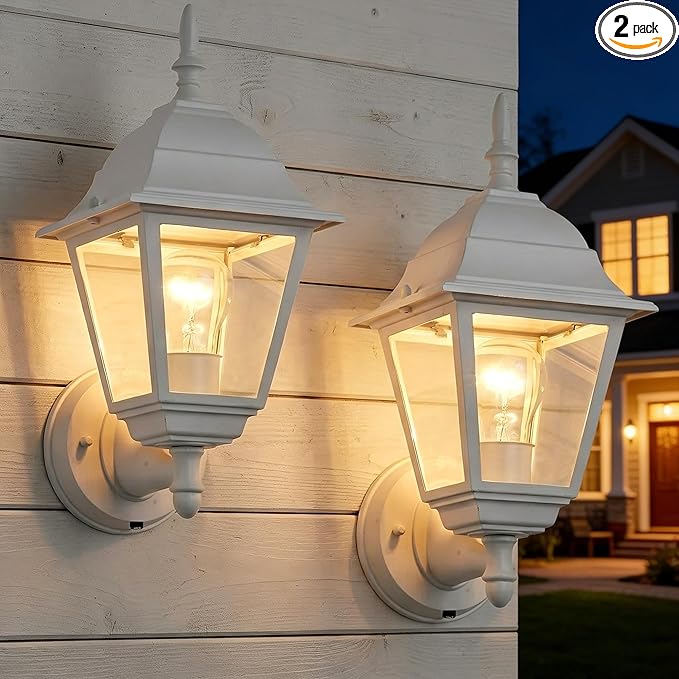 Outdoor Wall Lantern 2 Pack White Waterproof Porch Light with Clear Glass Weather-Resistant Aluminum Sconce for Garage Patio Garden Front Door E26 Bulb (Bulbs Not Included)