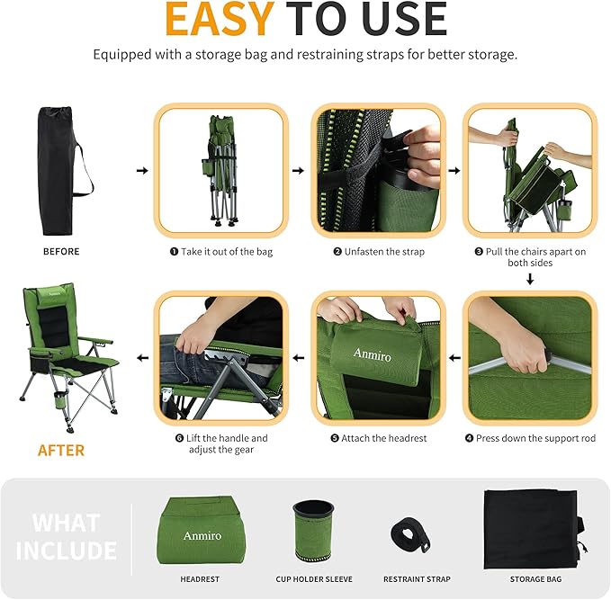Folding Camping Chair with Cup Holder and Storage Bag Heavy Duty Support 400 LBS Oversized Collapsible Portable Adjustable Back Support Camping Chair for Outdoor (Adjustable-Green)