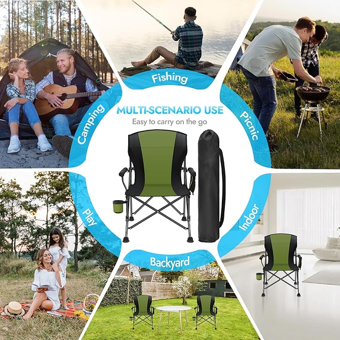 2 Pack Oversized Folding Camping Chair for Adults Supports 450 LBS Camping Chairs Heavy Duty Camping Chair with Side Pockets Foldable Outdoor Chair for Camping Beach Fishing Hiking Green-Black