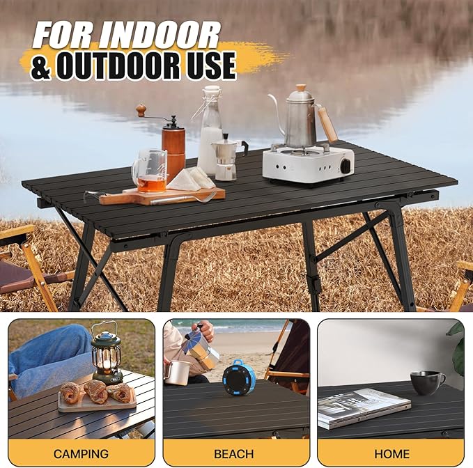 MADOG Portable Aluminum Camping Table 35'' Lightweight Outdoor Folding Table Roll Up Desk with Carry Bag for Travel Picnic and Camp Black