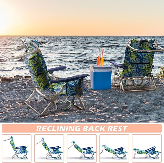 Backpack Beach Chairs for Adults - Folding Heavy Duty Camping Chair with Storage Pouch Cup Holder &amp Towel Rack Lightweight &amp Adjustable Chair for OutdoorTravel (2pcs / Tropical Foliage)