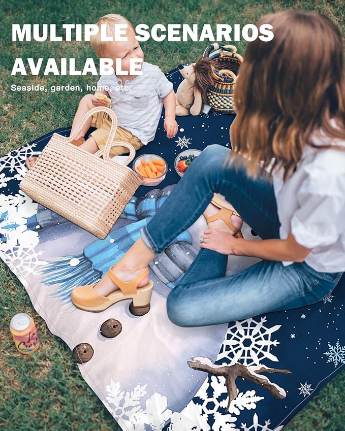 Beach Blanket Waterproof Sandproof Merry Christmas Snowman Winter Snow Quick Drying Beach Mat with 4 Stakes White Snowflakes Blue Back Lightweight Picnic Blanket for Travel Camping Outdoor 108x84