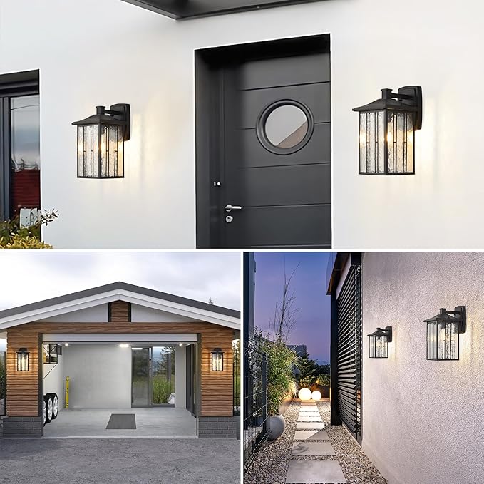 Outdoor Porch Light Fixtures Black Wall Sconce Exterior Light Large Front Ddoor Sconce Lights Water Glass Outdoor Wall Lantern for Porch Garage House 15”H