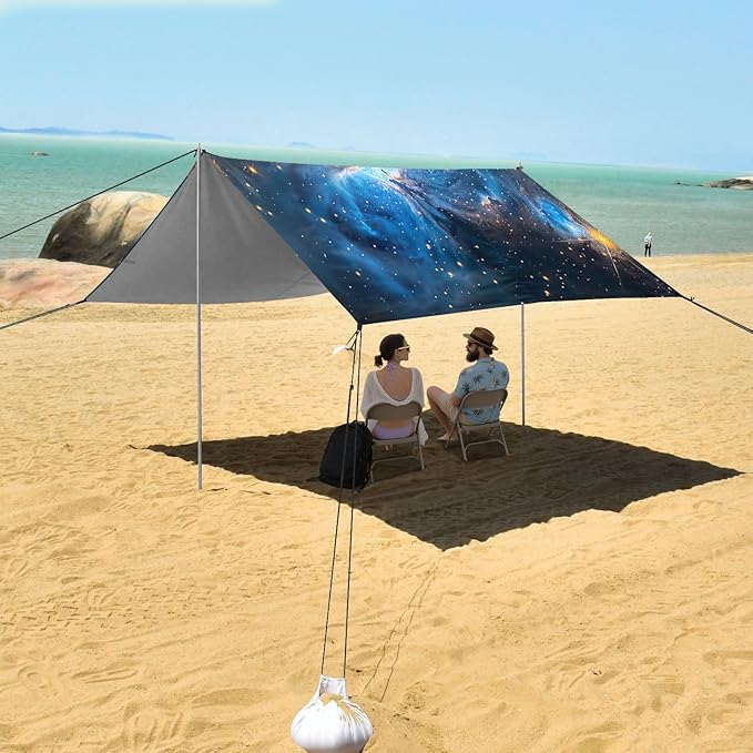 Blue Starry Sky Beach Tent Sun Shelter 9.2' x 10.5' Beach Canopy with 4 Sandbags 4 Stability Poles Sand Shovels - Tent Canopy for Beach Camping Fishing Picnics
