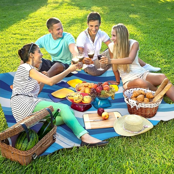 Waterproof Sandproof Beach Blanket 59''×68'' Ripple Polyester Outdoor Picnic Blanket with 4 Stakes &amp Storage Bag for BeachCampingVacation Blue