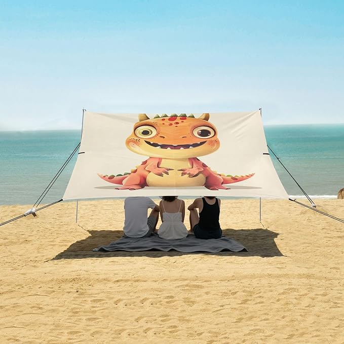 ALAZA Cute Dinosaur Dino Cartoon Beach Tent Sun Shelter UPF50+ Protection Beach Shade Canopy w/ 4 Sandbags for Outdoor Camping Fishing Backyard Fun Picnic 10x9 ft
