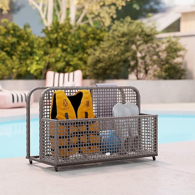 43.25x22.5x28in Outdoor Pool Storage Caddy: PE Rattan Basket Reinforced Steel Dual-Section Locking Casters Light Gray