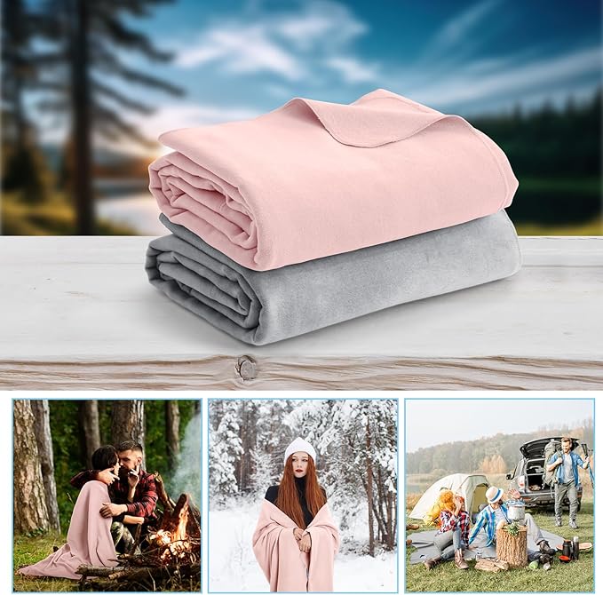 Peryiter 2 Pcs Military Wool Blanket Large 64 x 88 Camping Blanket Survival 3.3 Lbs Each Thick Thermal Washable Emergency Blanket for Outdoors Sporting Events Survival Kits (Pink Gray)