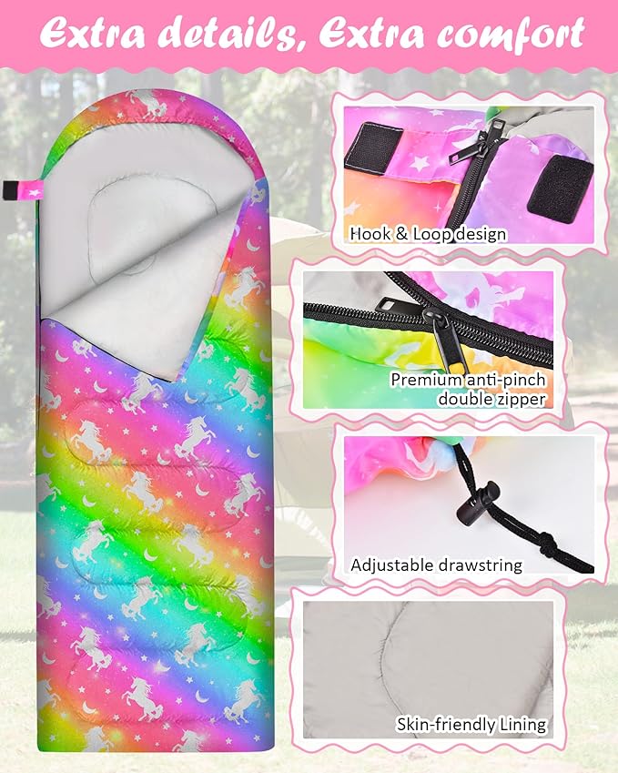 Sleeping Bags for Kids 3 Season Waterproof Sleeping Bag with Carry Bag for Camping Hiking Rainbow Unicorn