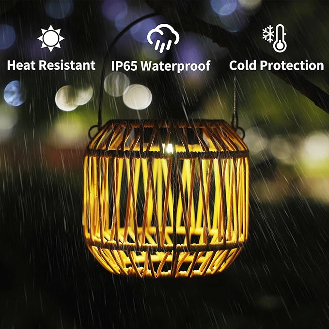 Solar Outdoor Rattan Lanterns Decorative Hanging Lights for Patio Garden Backyard（Two Pack）(Style 1)