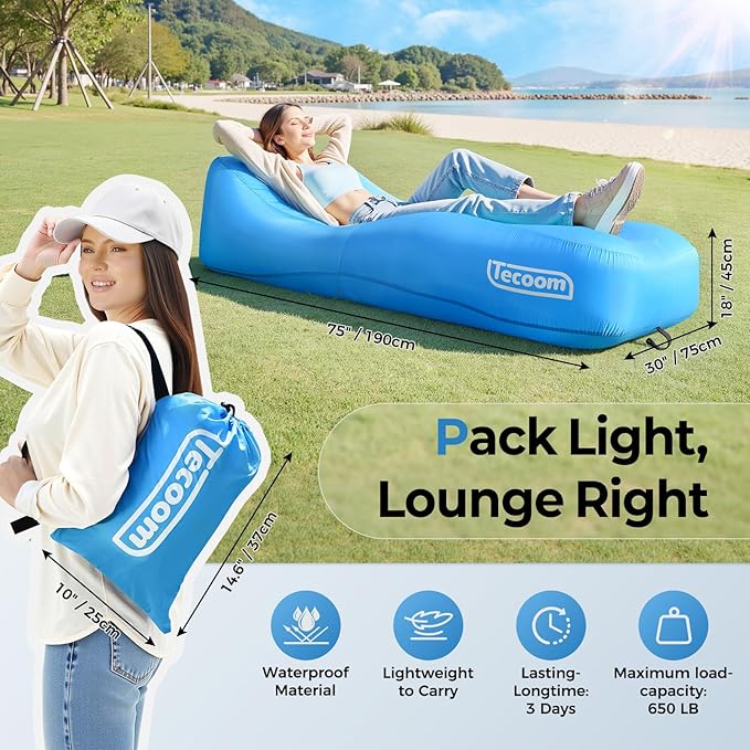 Tecoom Inflatable Lounger Couch Sun Air Sofa Hammock Waterproof Blow up Beach Chair 2 Person Glamping Accessories for Camping Hiking Traveling Movies Night Music Festival Indoor Outdoor Matches