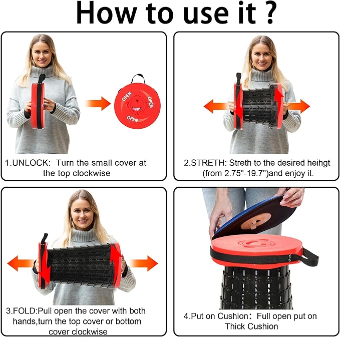 ALEVMOOM 2026 Upgraded XXL 19.7 Collapsible Stool with Cushion 1000lbs Max Weight Heavy Duty Portable Telescoping Stool Retractable Seat Folding Chair for Camping Fishing Hiking(Red-XXL)