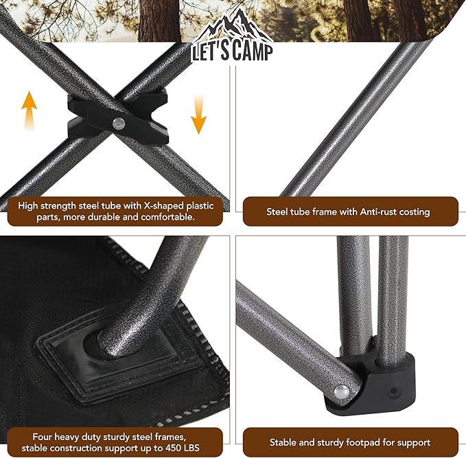 ALPHA CAMP Folding Camping Chair Oversized Heavy Duty Padded Outdoor Chair with Cup Holder Storage and Cooler Bag 450 LBS Weight Capacity Thicken 600D Oxford Black
