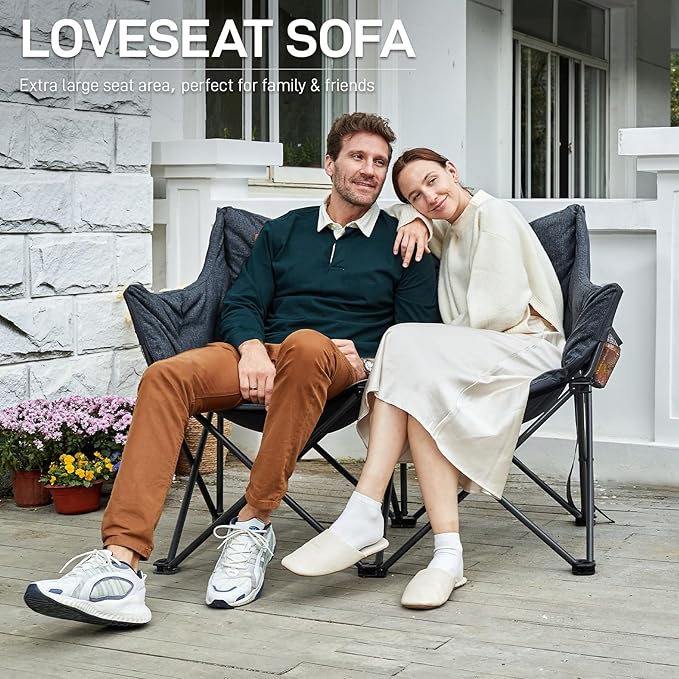 EVER ADVANCED Double Camping Chair for Adults Padded Folding Camping Loveseat Bench with Side Pocket Portable Camping Couch Two Person Heavy Duty Outdoor Chair with CushionSupport 600lbs Black