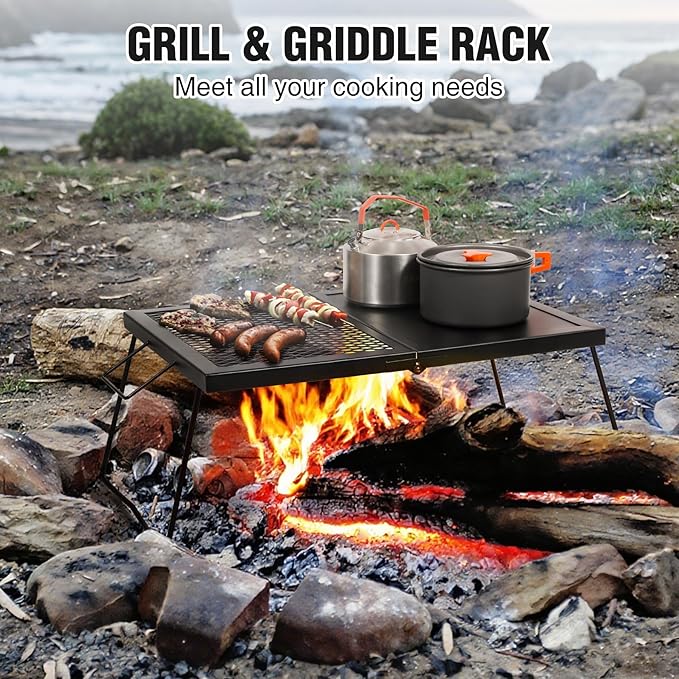 REDCAMP Folding Campfire Grill Heavy Duty Steel Mesh Grate 23.6 Portable Camping Grates Over Fire Pit Campfire Cook Equipment with Legs Carrying Bag Grilling Rack for Outdoor Open Flame Cooking