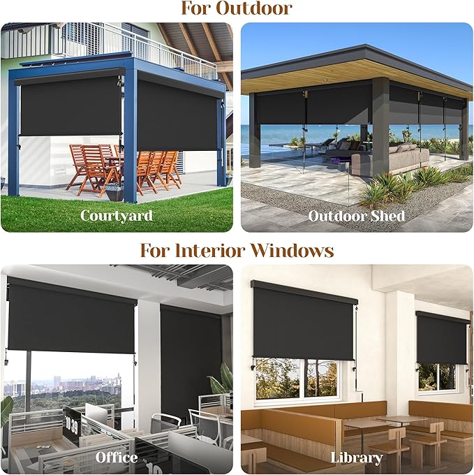Outdoor Roller Shade with Aluminum Valance (4'W X 6'H) 420GSM New Material Patio Shade with 95% UV Blockout Outdoor Blinds with Crank Handle for Shading Privacy Protection Black