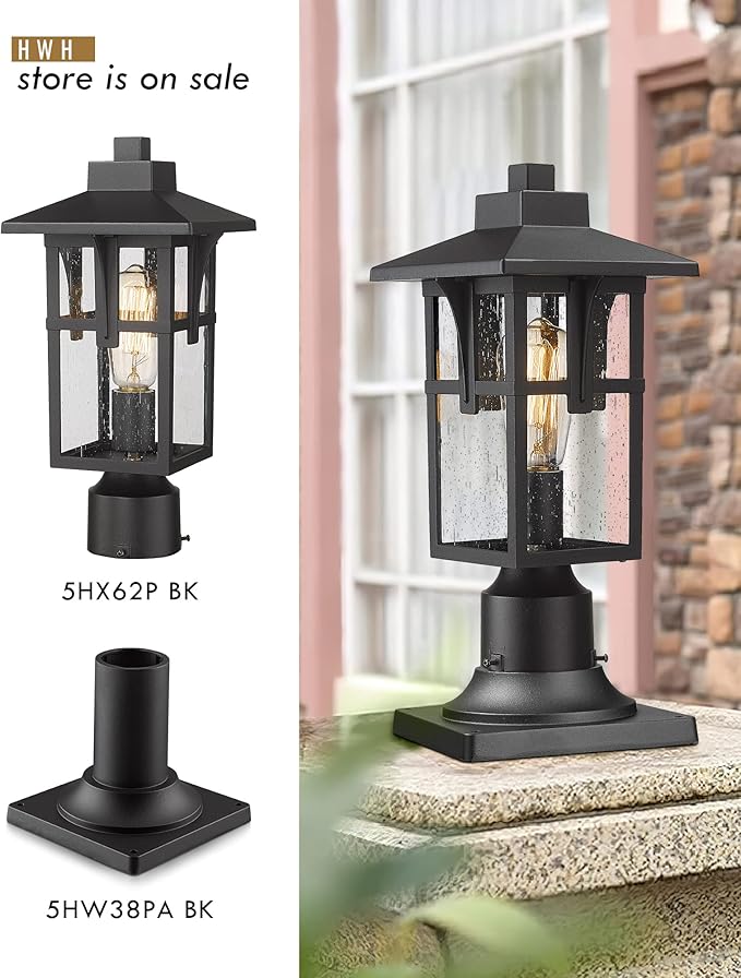 Outdoor Post Light Fixtures HWH Exterior Pillar Light 2 Pack Industrial Pole Lamp in Matte Black Finish with Seeded Glass 5HX62P-2PK BK